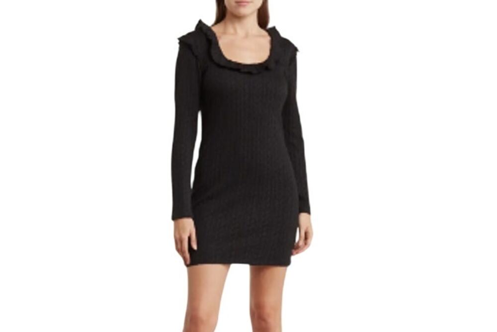 New 19 COOPER Nordstrom Black Ruffle Long Sleeve Knit Mini Dress Size Medium